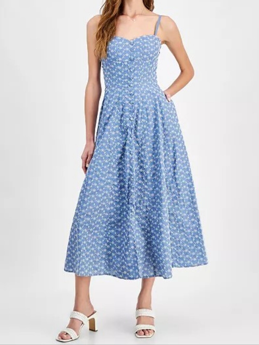 Taylor Embroidered Floral Eyelet Midi Dress Blue White Button Front Sz 8 Cottage